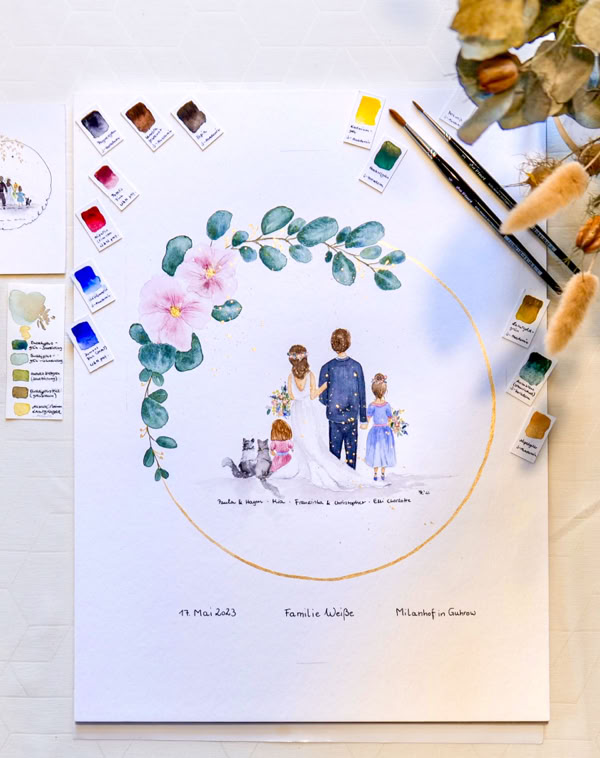 Illustration von einer Familie umgeben von Blumen und Blättern, mit Farbmuster und Pinseln daneben.